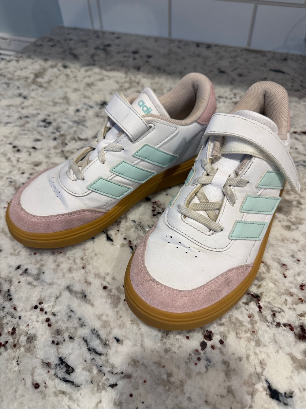 adidas Kids White Sneakers with Pink Accents and Mint Stripes